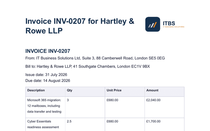 An invoice generated by Vizivo: invoice number, billing details, issue and due dates, and itemised lines with VAT.