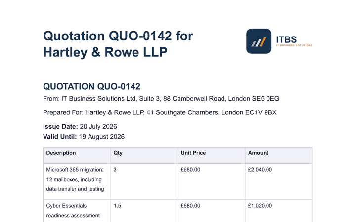 A quotation generated by Vizivo: reference number, both parties, issue and valid-until dates, and itemised lines with unit prices and totals.