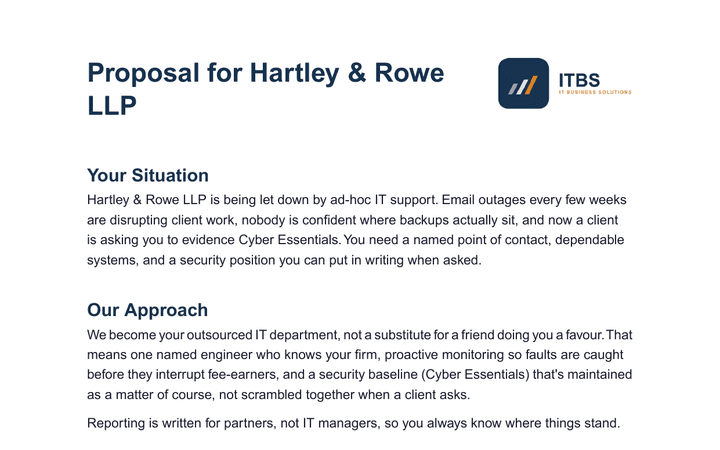 A sales proposal generated by Vizivo, opening with the client's situation and the proposed approach.